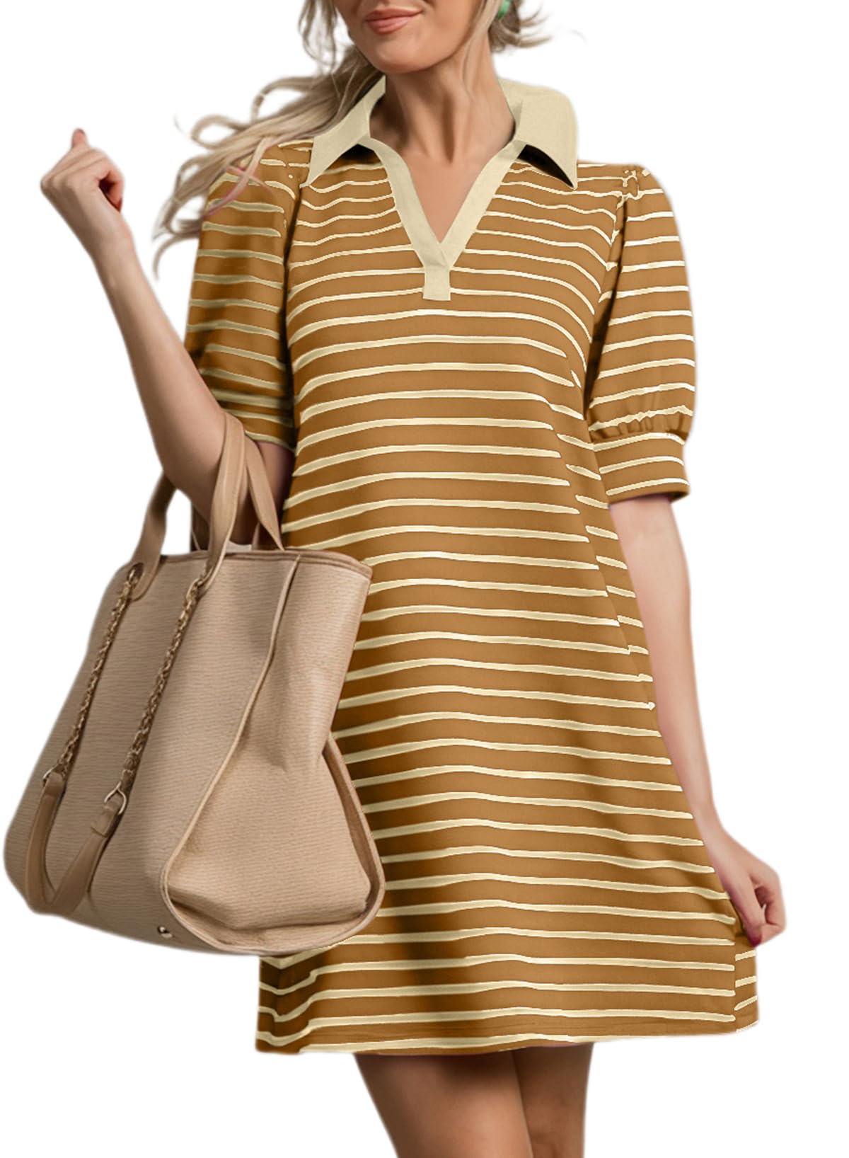 2025 New Women's Casual Polo V Neck T Shirt Striped Dress(BUY 2 FREE SHIPPING)
