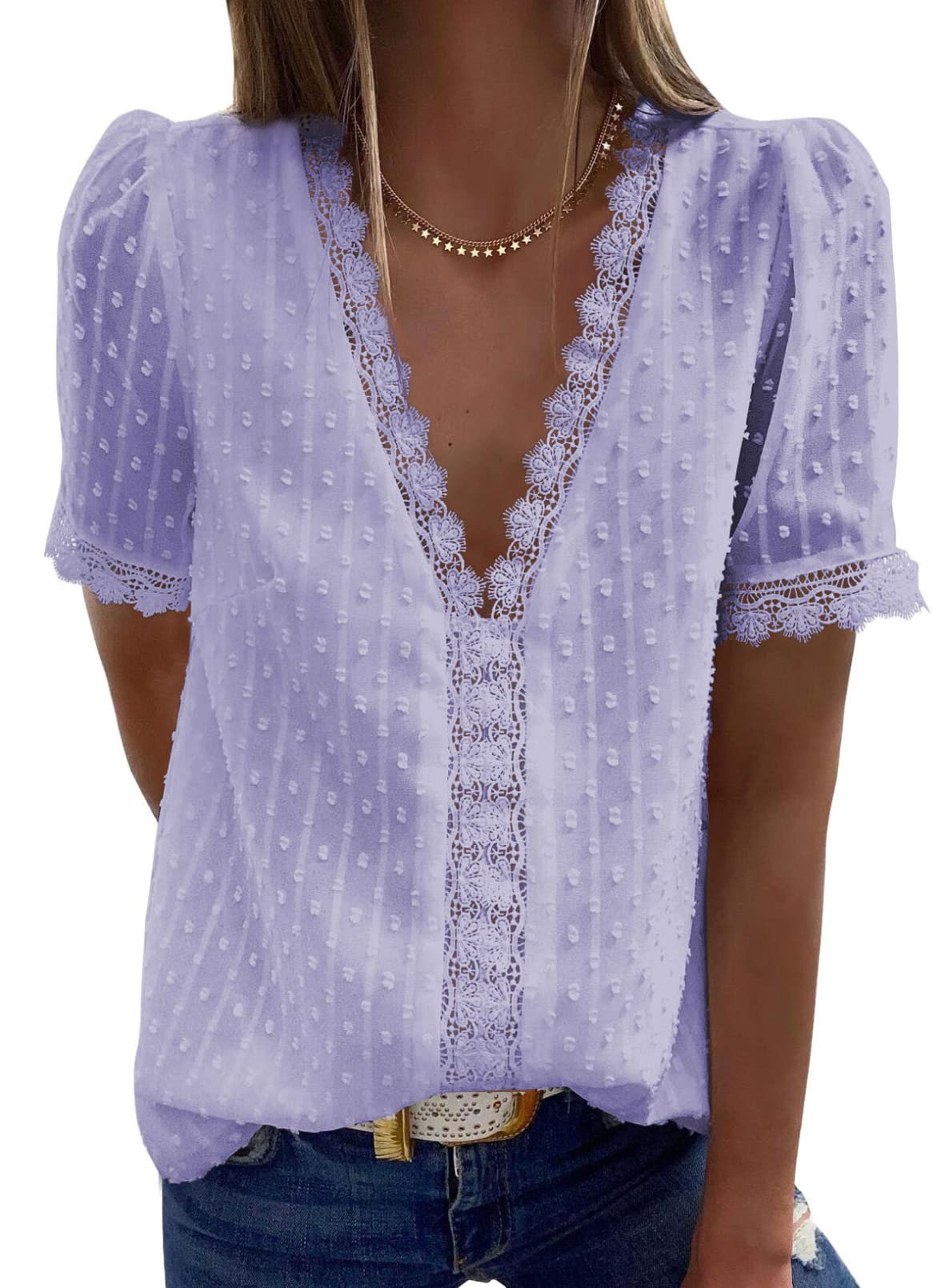 2025 New Women's V Neck Lace Crochet Tunic Tops Flowy Casual Shirts(buy 3 free shipping)