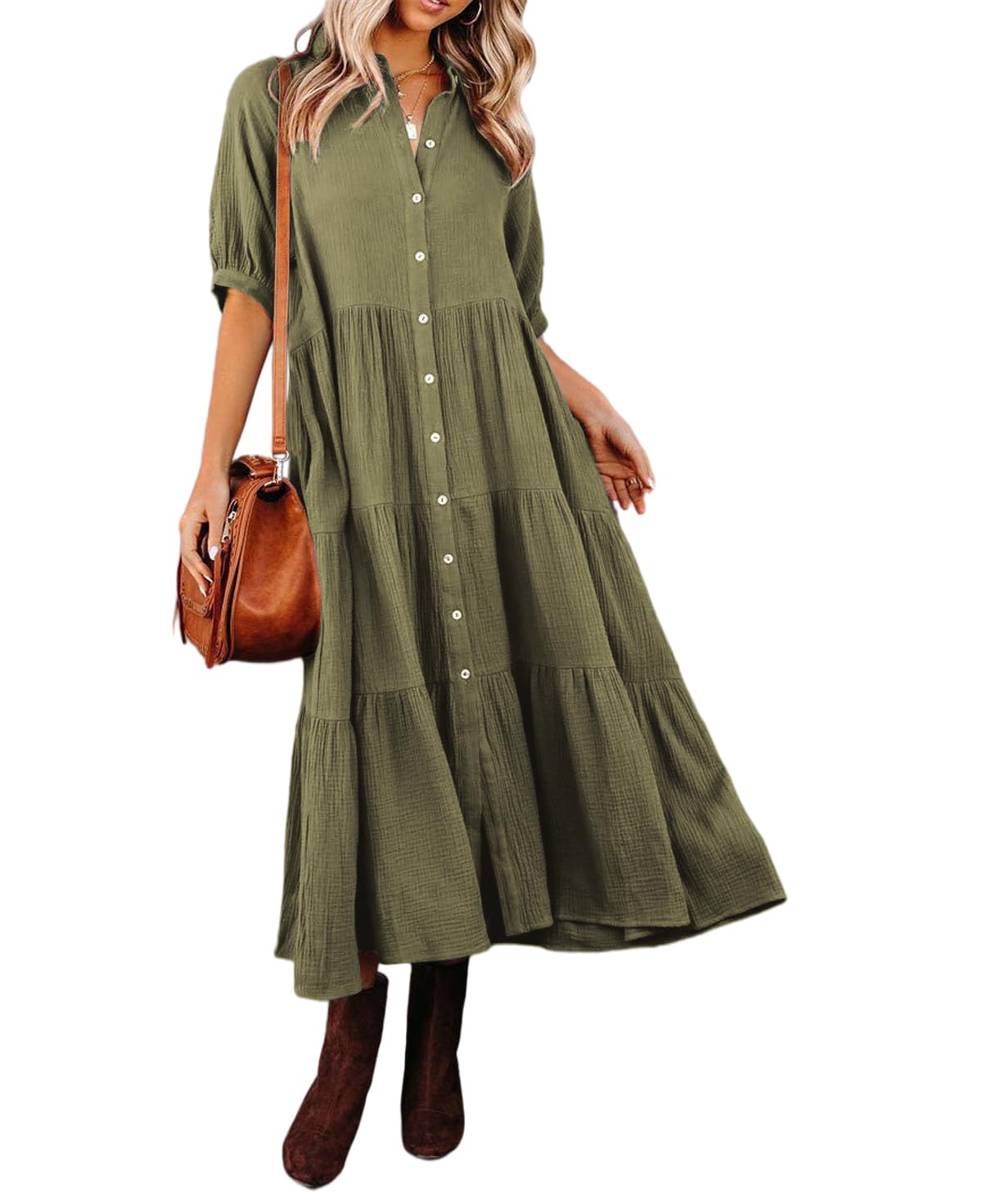 2024 Women'S Half Sleeve Collared Button Down Loose Flowy Pockets Casual Dresses(Buy 2 10% OFF)