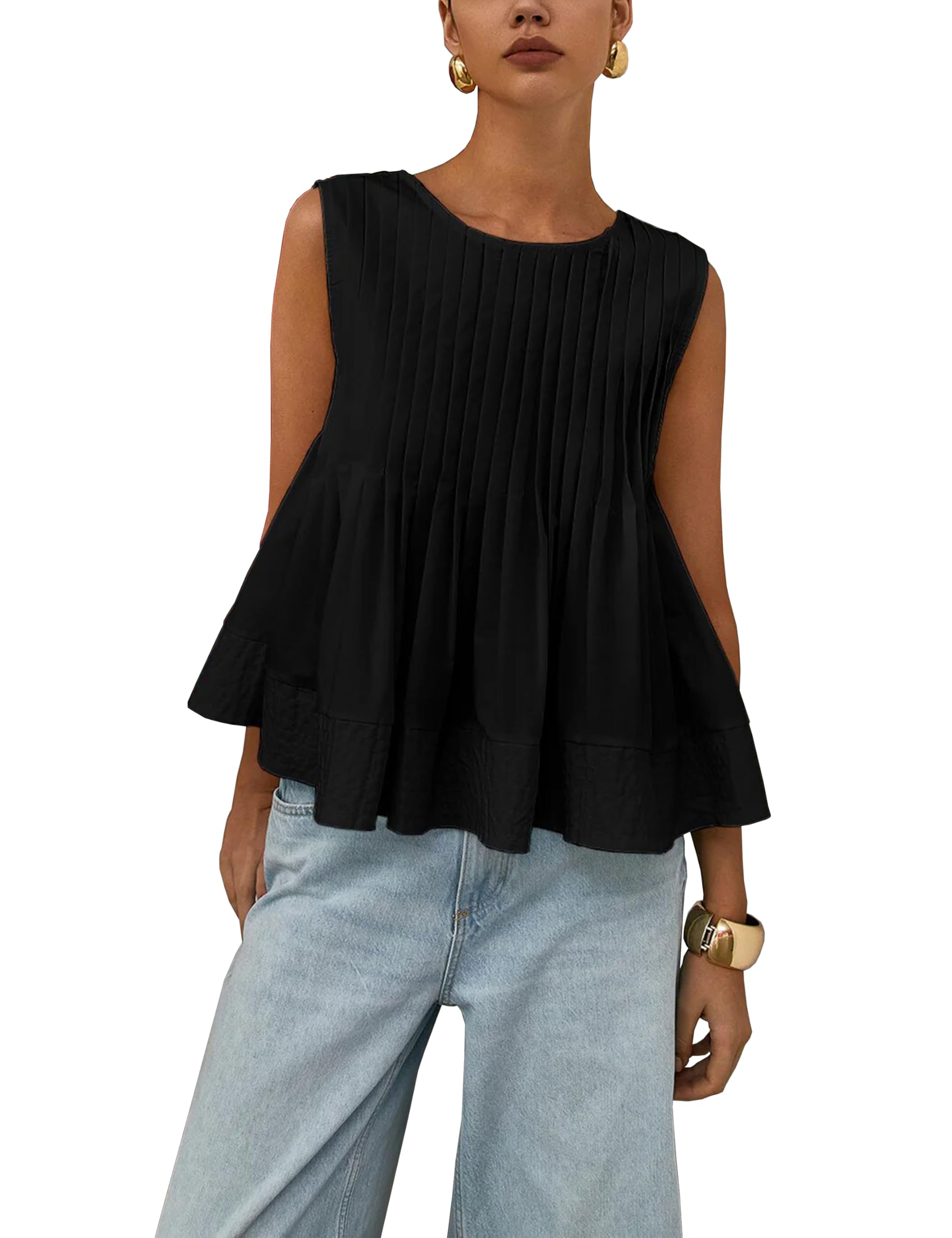 Womens Summer Pleated Peplum Sleeveless Blouse Tank Tops