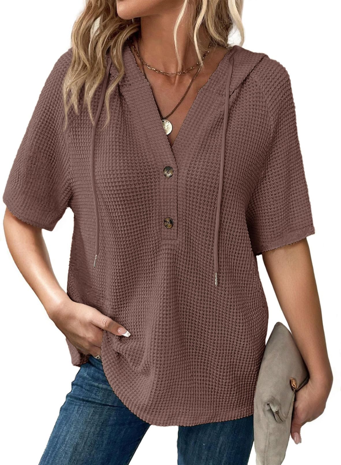 Women's Waffle Knit Button V Neck Short Sleeve Lightweight Drawstring Hoodies(BUY 2 10% off) 