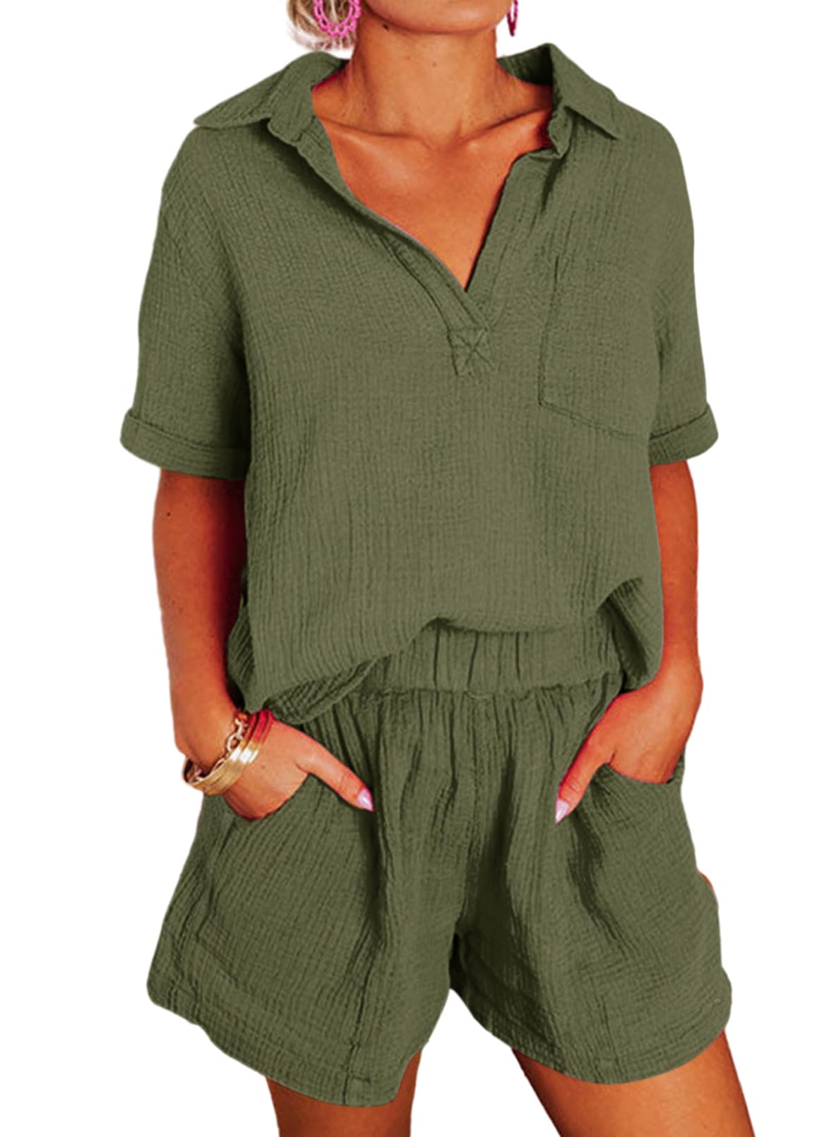 Women's Two Piece Outfits V Neck Short Sleeve Shirts and High Waist Shorts Lounge Sets