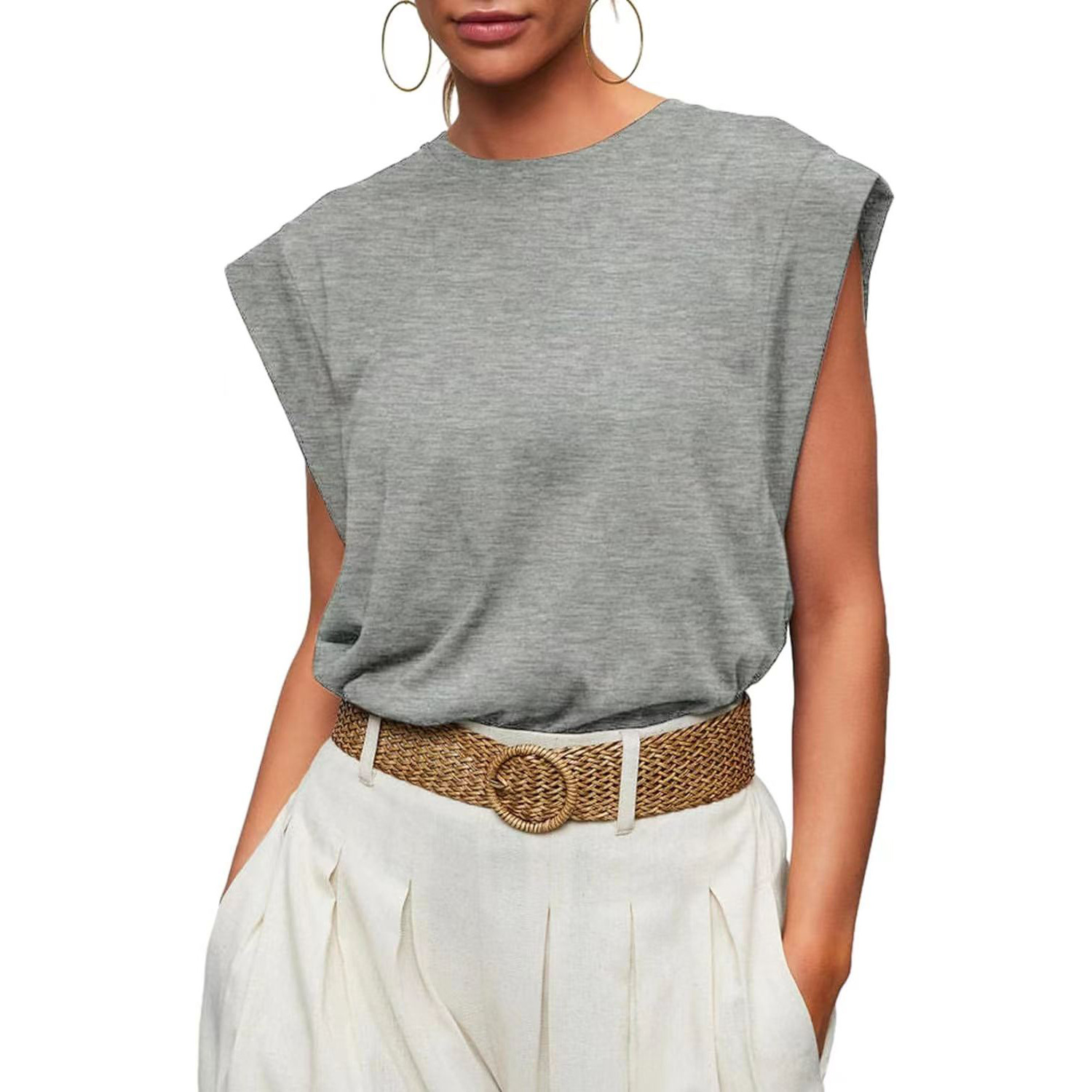 2024 Womens Summer Cap Sleeve Tank Top Crew Neck Solid Casual Loose Fit Basic Tee Shirt(BUY 2 FREE SHIPPING)