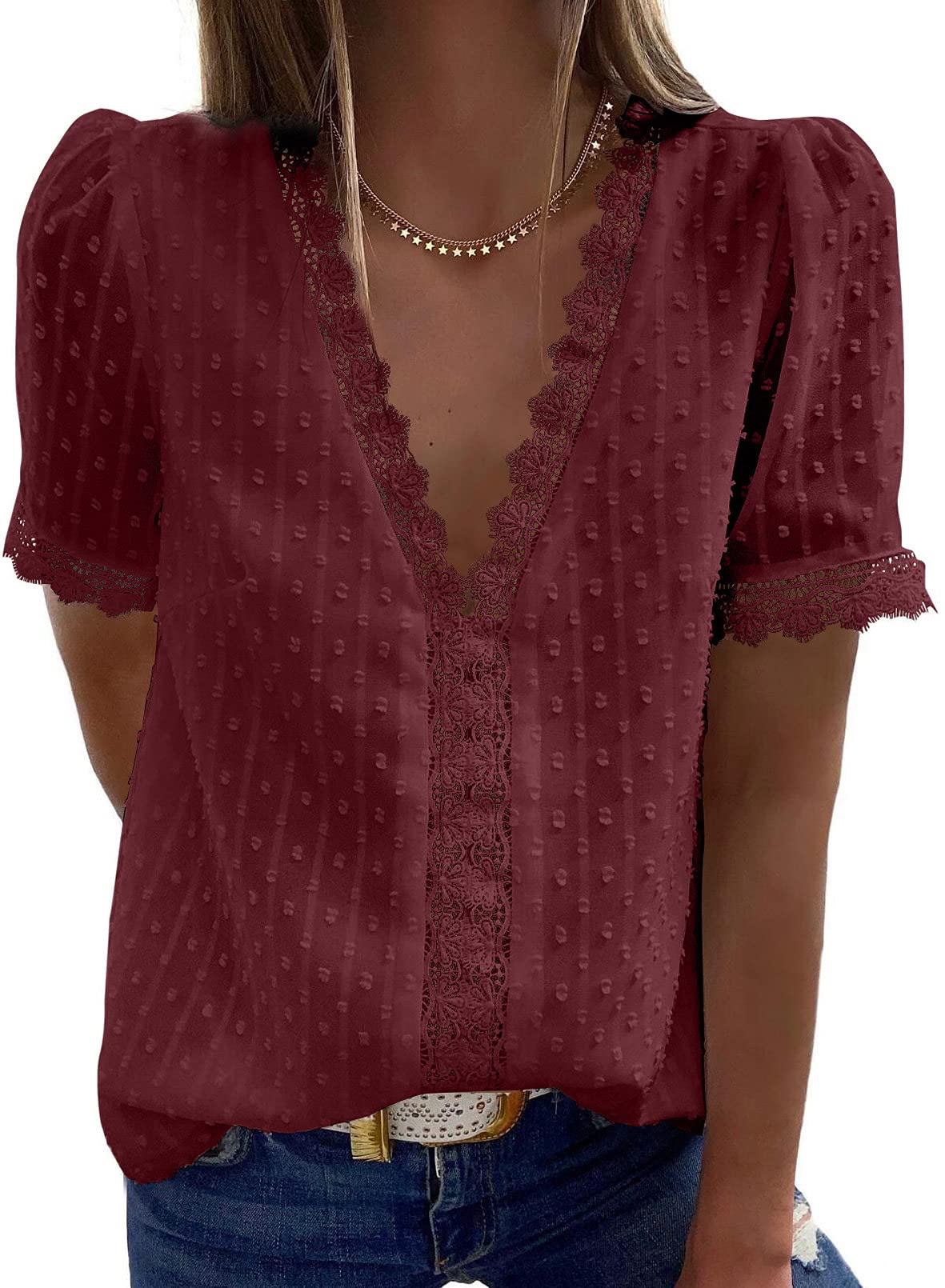 2025 New Women's V Neck Lace Crochet Tunic Tops Flowy Casual Shirts(buy 3 free shipping)