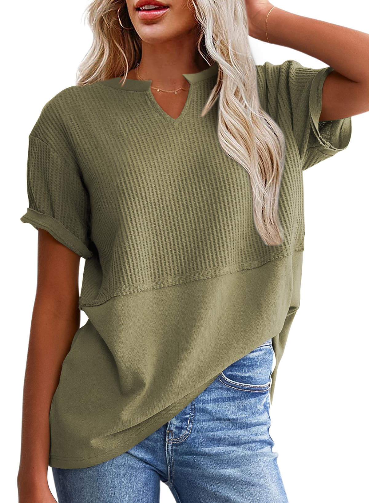 2025 New Women's Casual V Neck Waffle Knit Tops Short Sleeve T Shirts(buy 2 free shipping)