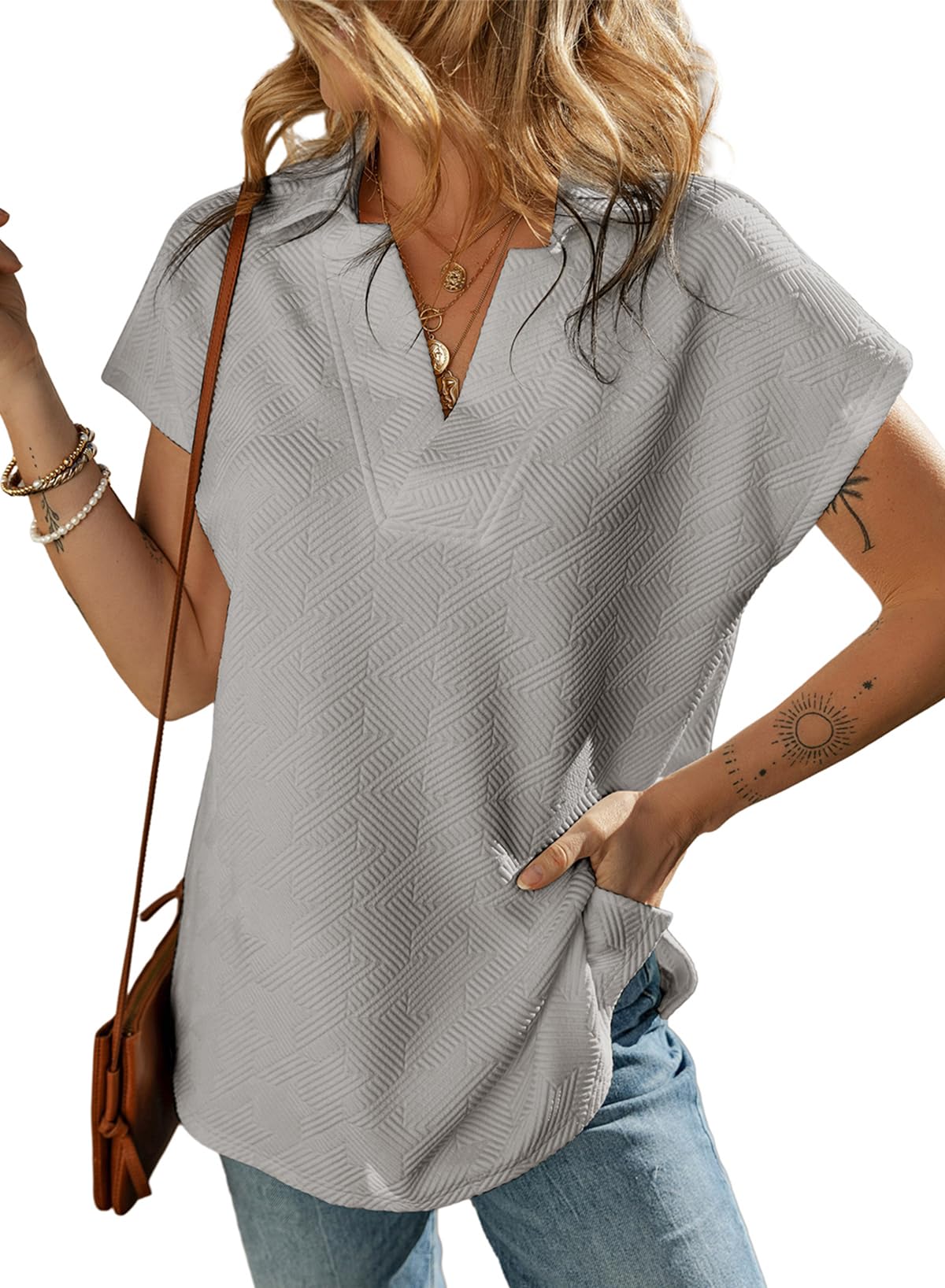 2025 New Women's Casual Collared V Neck Short Sleeve T Shirt(buy 2 free shipping)