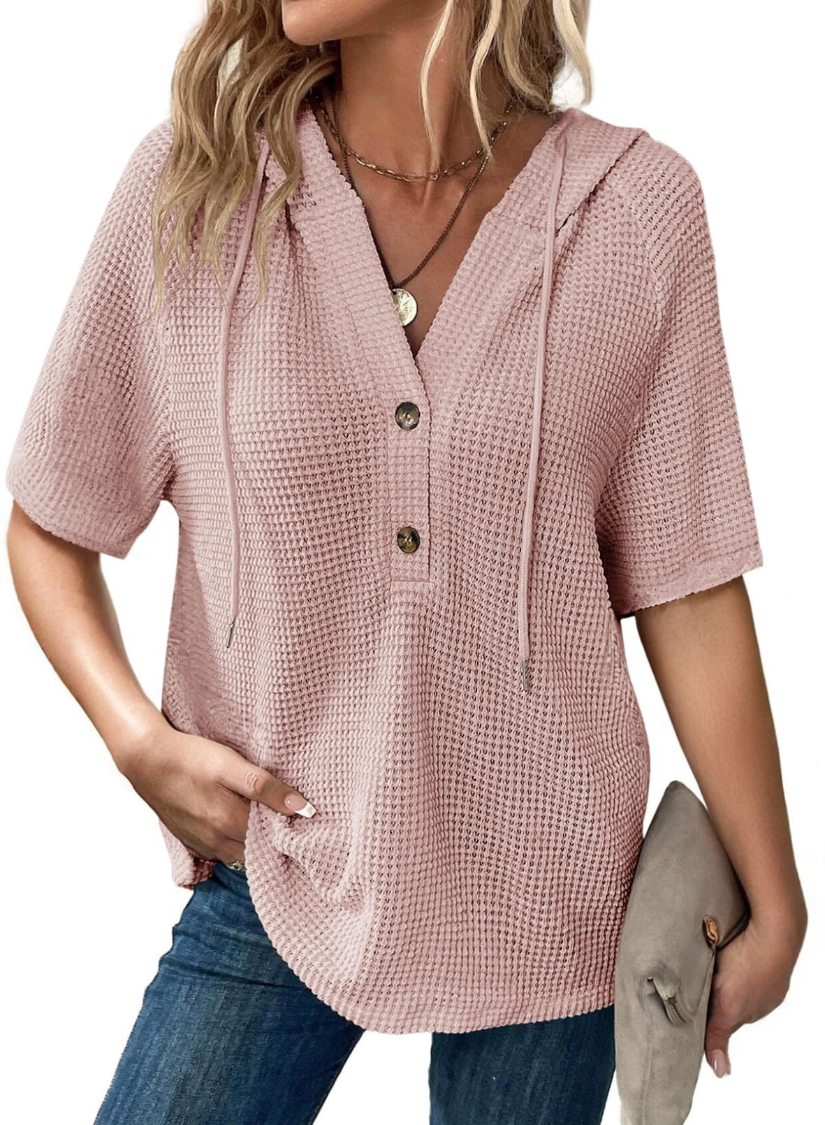 Women's Waffle Knit Button V Neck Short Sleeve Lightweight Drawstring Hoodies(BUY 2 10% off) 