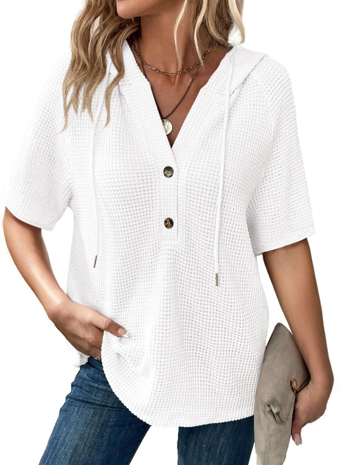 Women's Waffle Knit Button V Neck Short Sleeve Lightweight Drawstring Hoodies(BUY 2 10% off) 