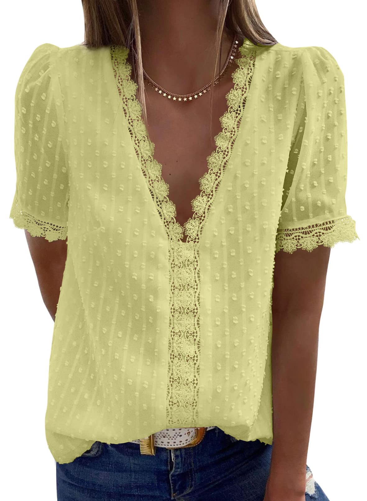 2025 New Women's V Neck Lace Crochet Tunic Tops Flowy Casual Shirts(buy 3 free shipping)