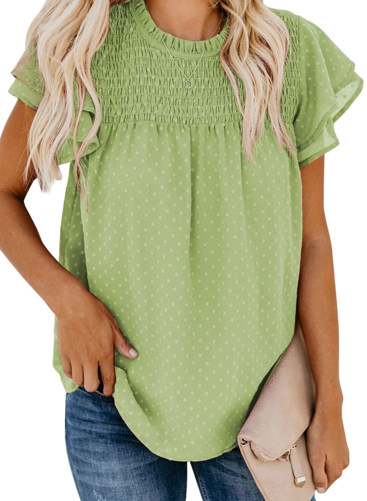 Womens Crewneck Lace Crochet Pom Pom Flowy Short Sleeve Casual Shirts Blouses