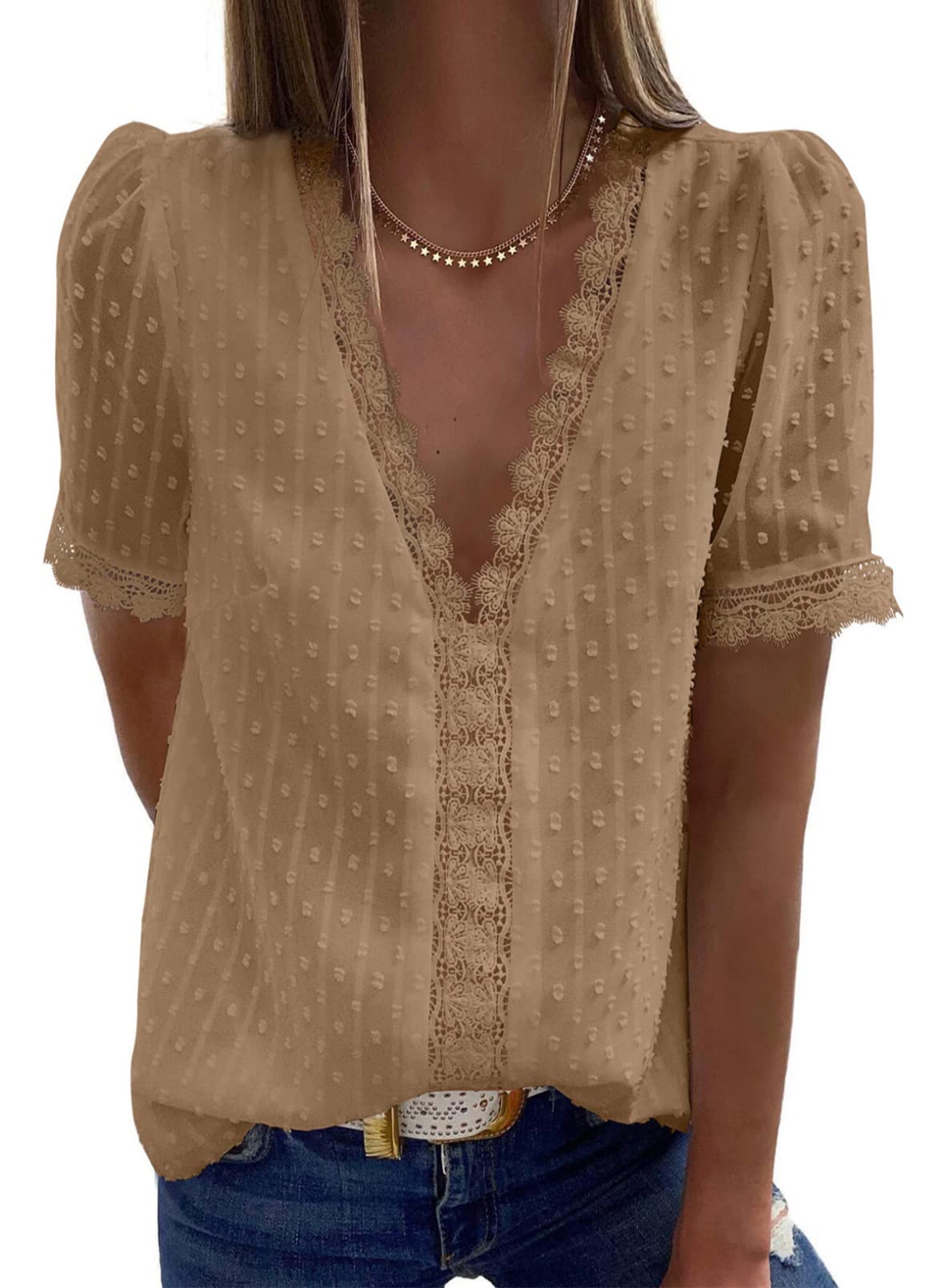 2025 New Women's V Neck Lace Crochet Tunic Tops Flowy Casual Shirts(buy 3 free shipping)