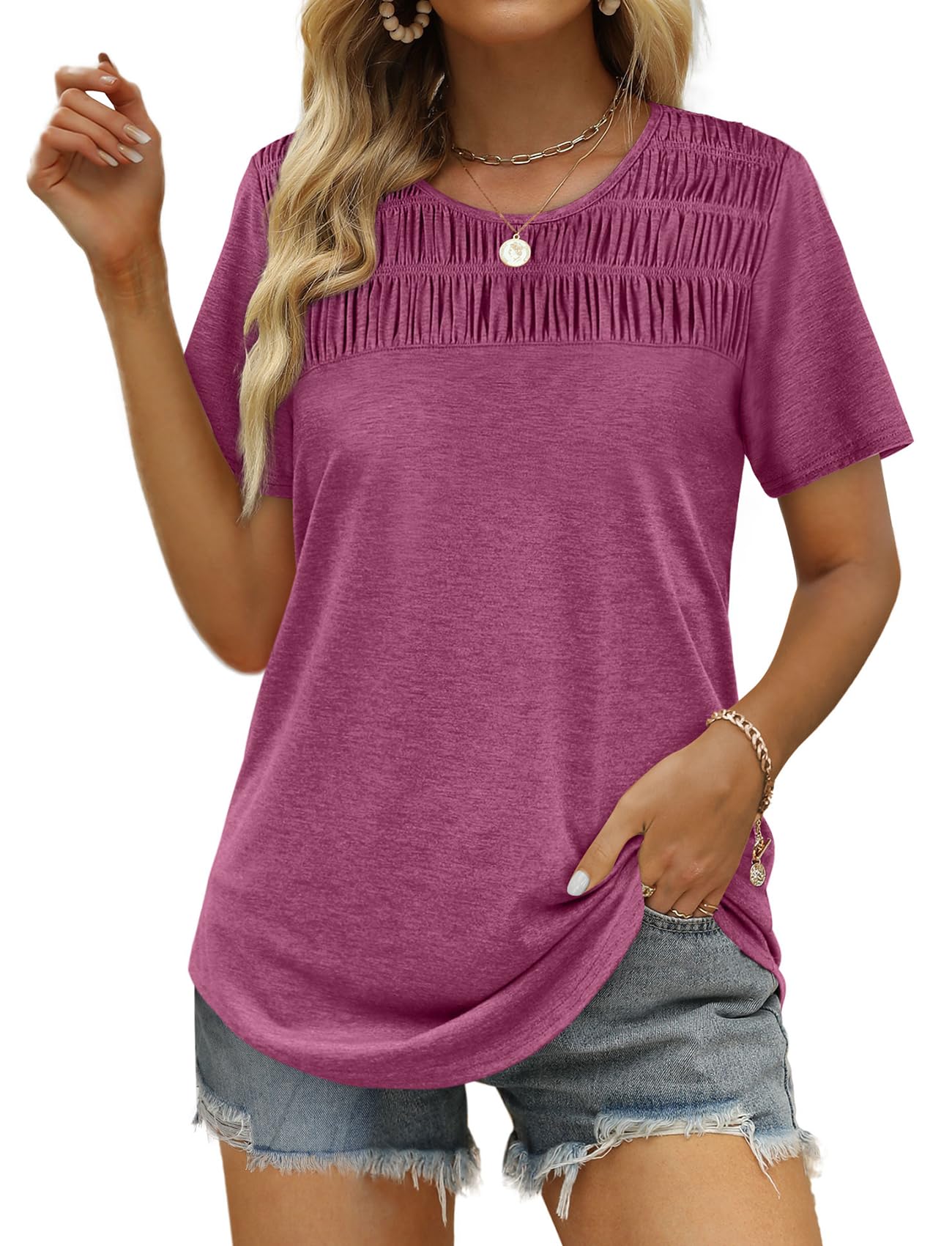 Women's Summer Tops 2025 Trendy Short Sleeve Shirts Smocked Crewneck Tee