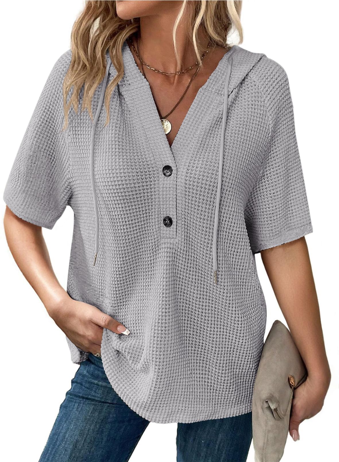 Women's Waffle Knit Button V Neck Short Sleeve Lightweight Drawstring Hoodies(BUY 2 10% off) 