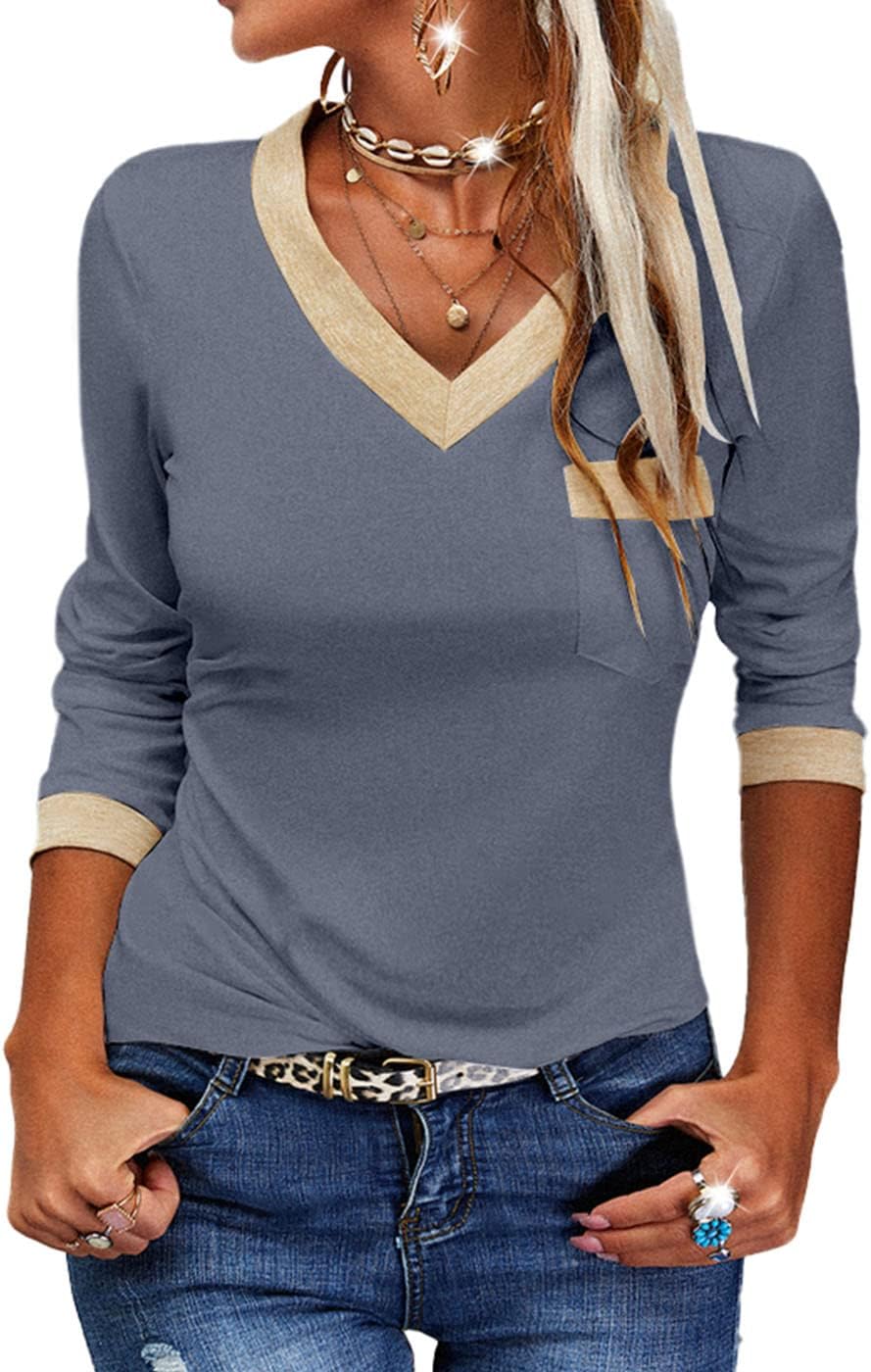 Womens Long Sleeve T Shirts Casual V Neck Color Block Tunic Tops
