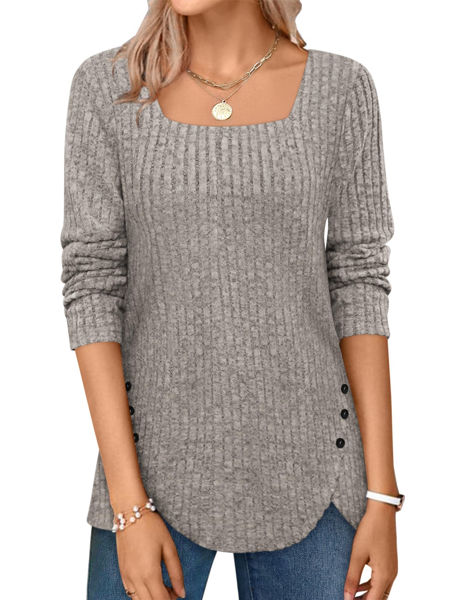 ⏰Hot Sale-2024 Squared Neck Sweater Ribbed Knit Tunic Tee Shirts