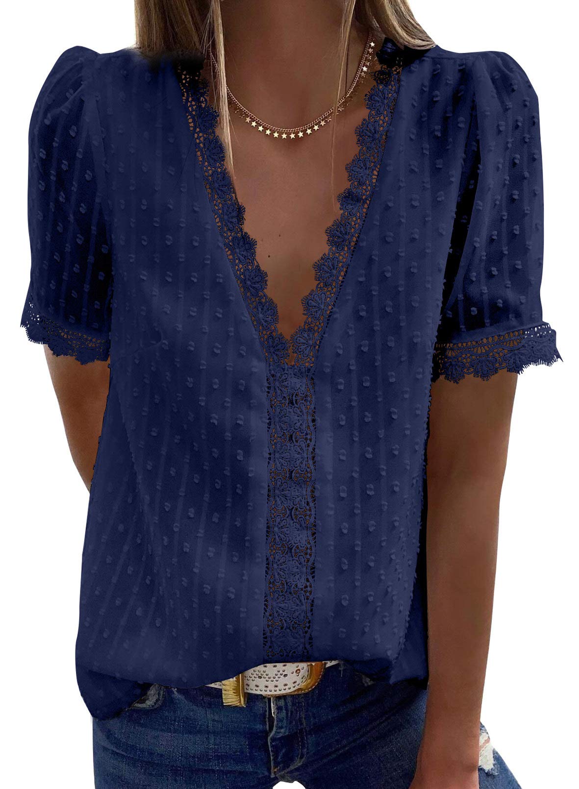 2025 New Women's V Neck Lace Crochet Tunic Tops Flowy Casual Shirts(buy 3 free shipping)