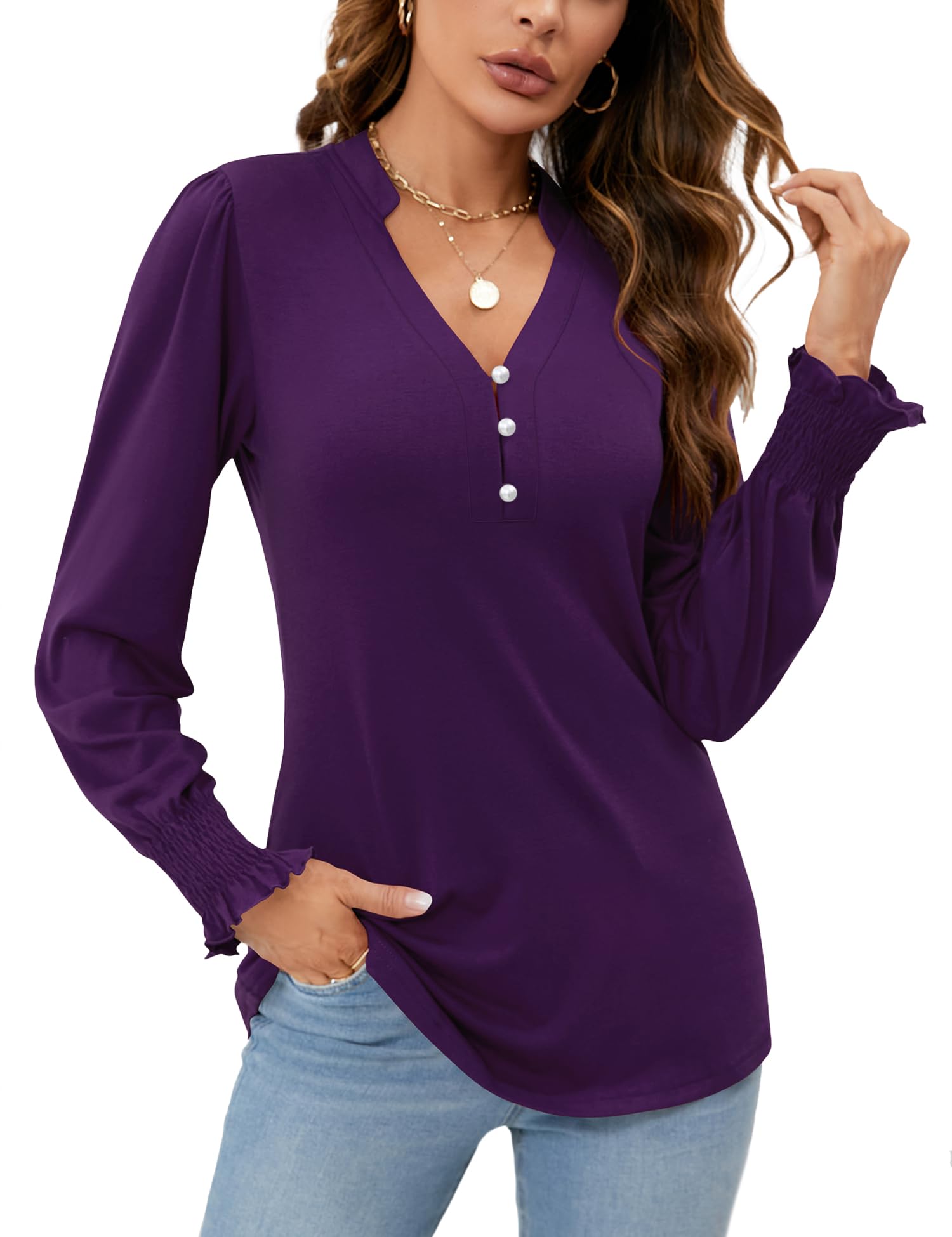 2025 New Womens V Neck Puff Long Sleeve Ruffle Cuffs Tunic Blouses(buy 2 free shipping)