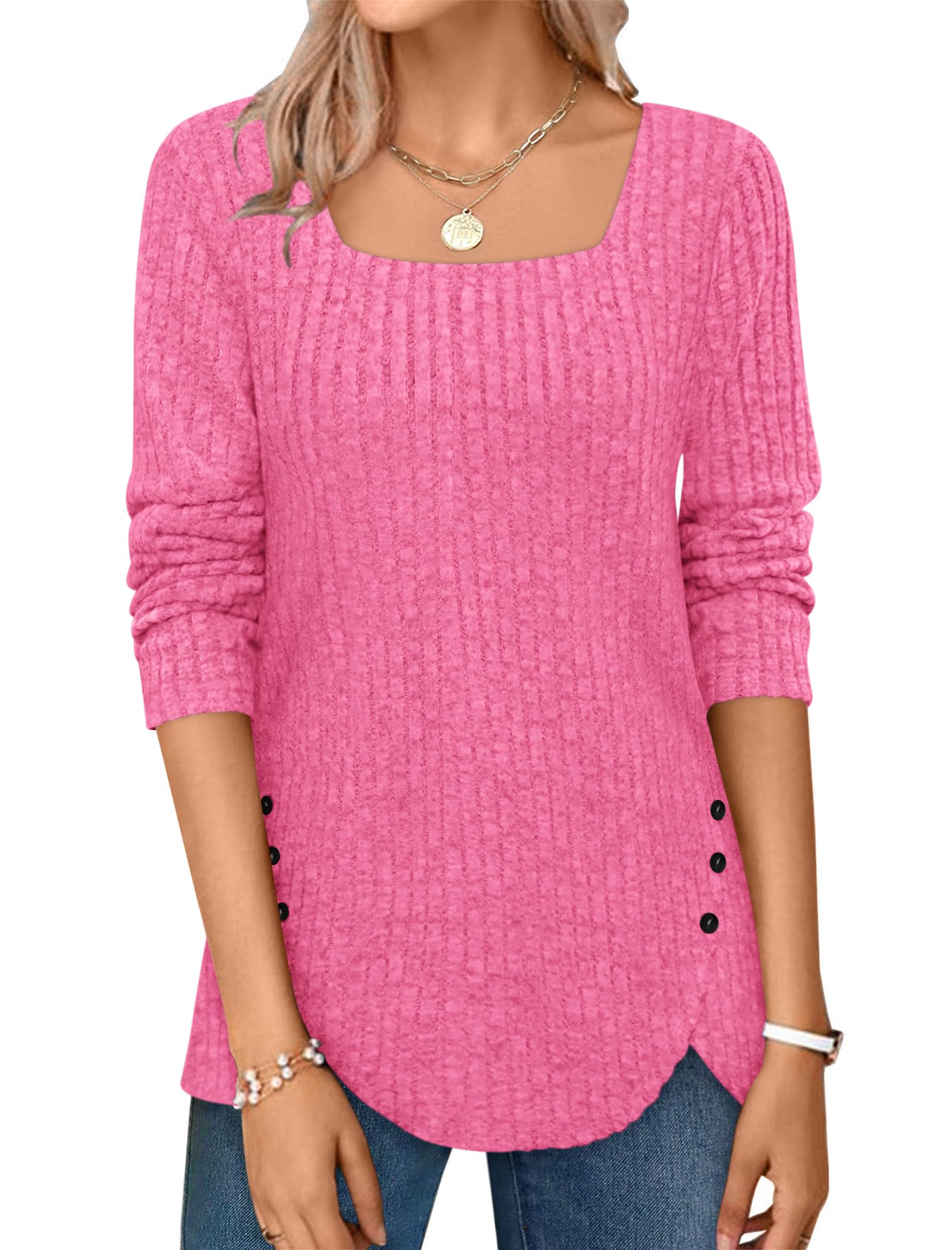 ⏰Hot Sale-2024 Squared Neck Sweater Ribbed Knit Tunic Tee Shirts