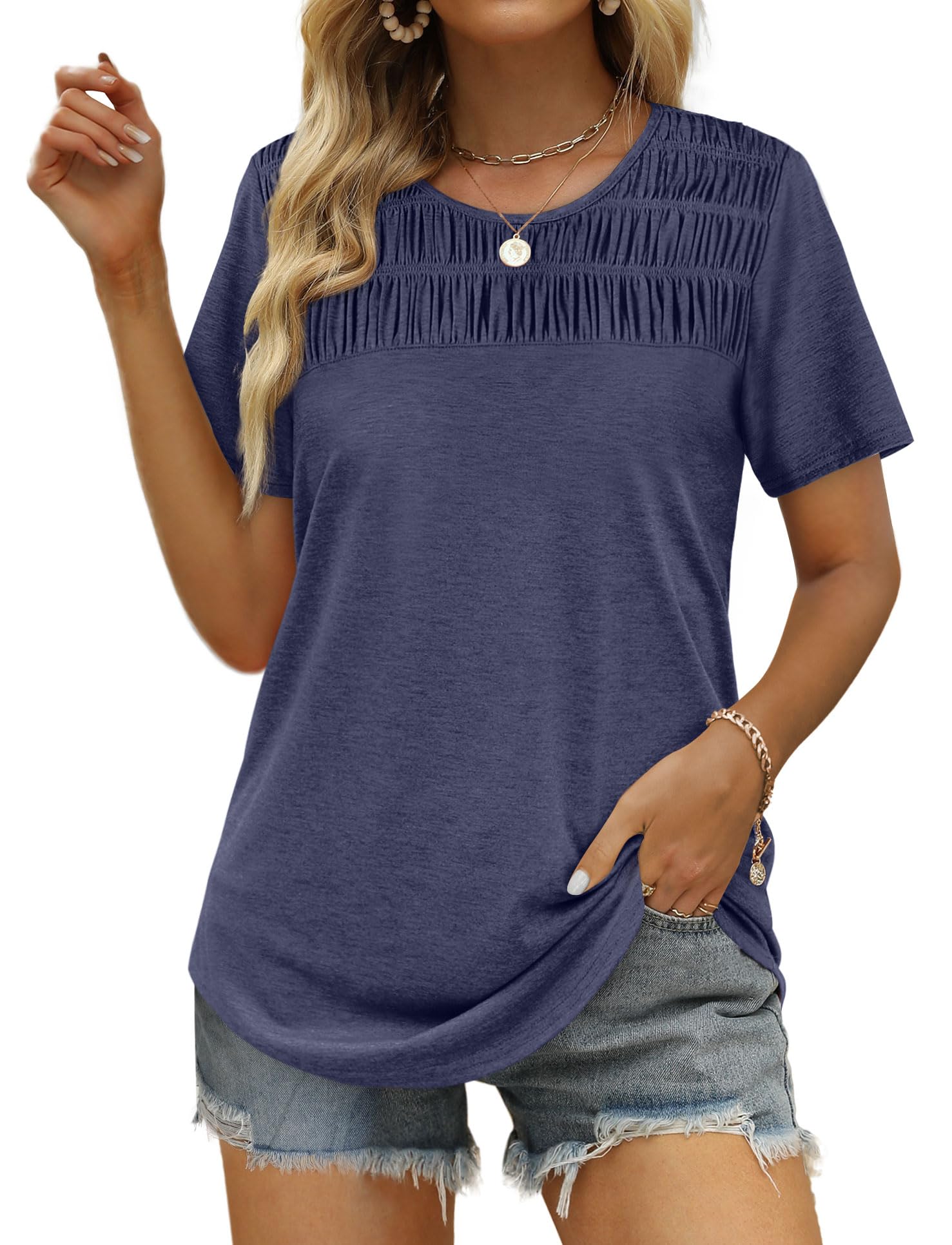 Women's Summer Tops 2025 Trendy Short Sleeve Shirts Smocked Crewneck Tee