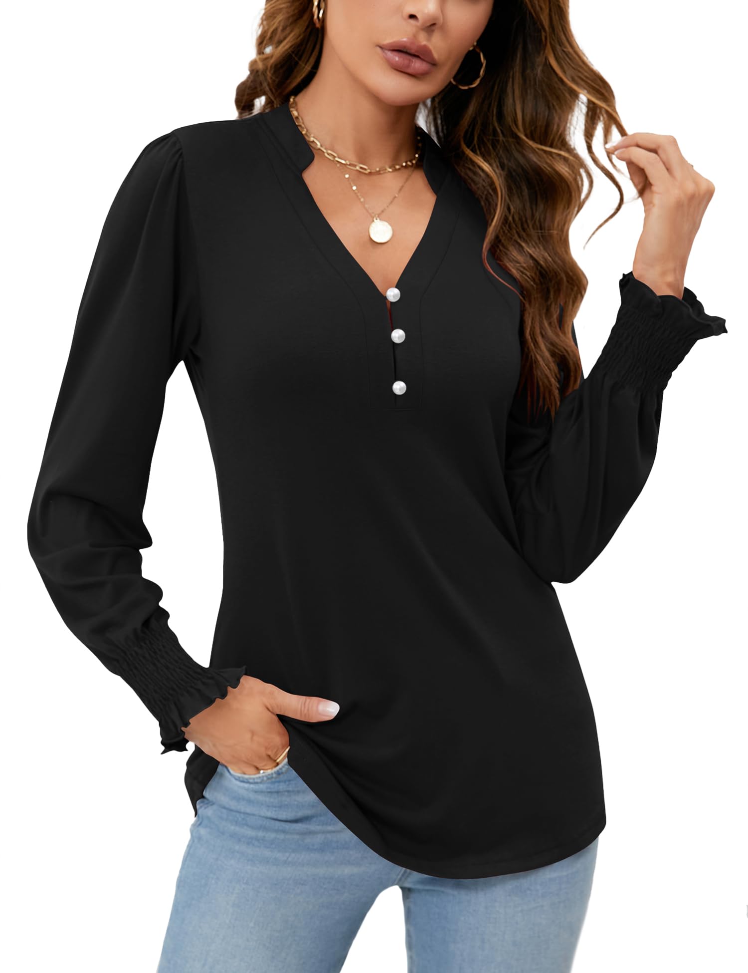 2025 New Womens V Neck Puff Long Sleeve Ruffle Cuffs Tunic Blouses(buy 2 free shipping)