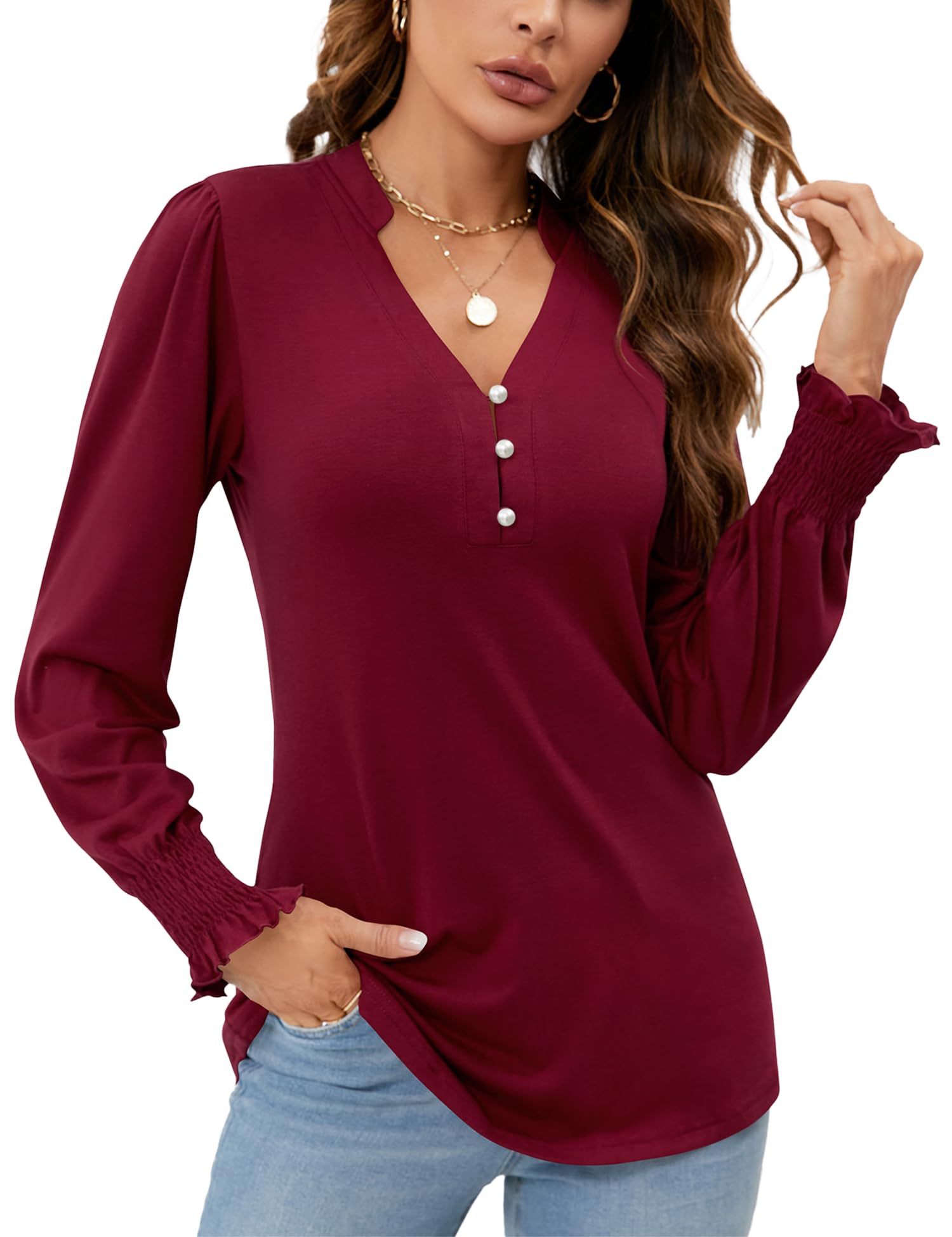 2025 New Womens V Neck Puff Long Sleeve Ruffle Cuffs Tunic Blouses(buy 2 free shipping)