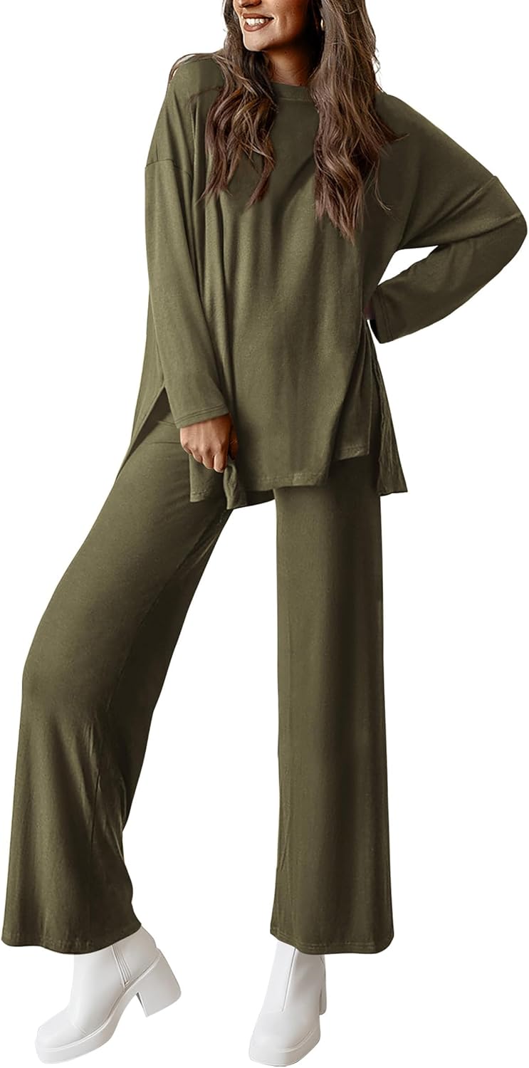 Women's Matching Long Sleeve Shirts Wide Leg Pants Two Piece Lounge Sets 