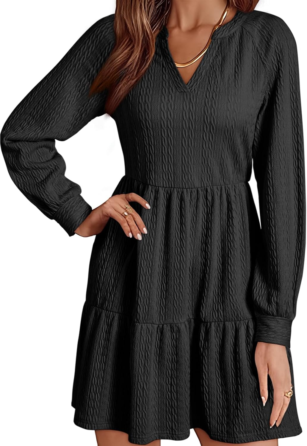 Womens Long Sleeve V Neck Textured  Tiered Ruffle  Mini Babydoll Dress