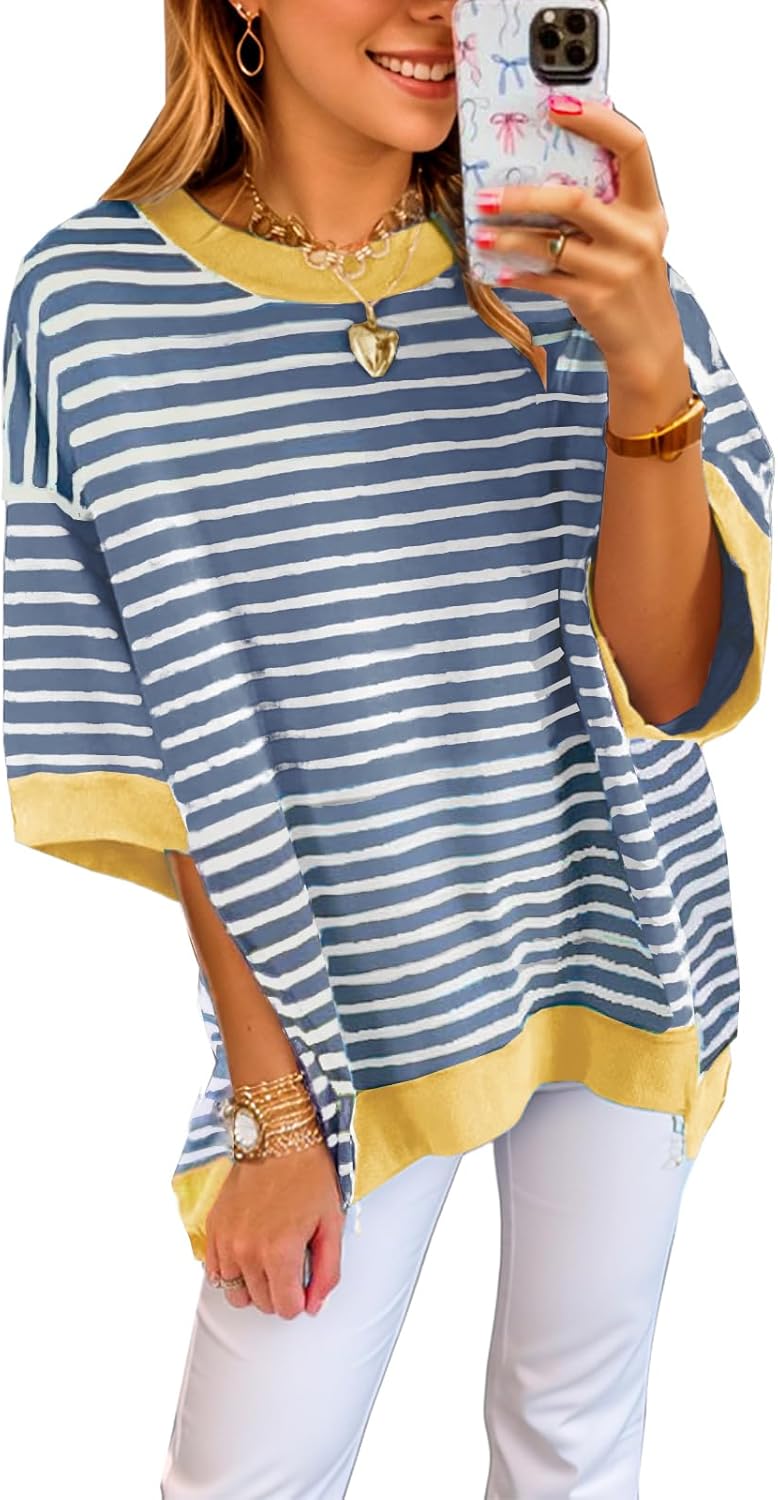 Womens Oversized Striped Color Block Casual Half Sleeve Tops