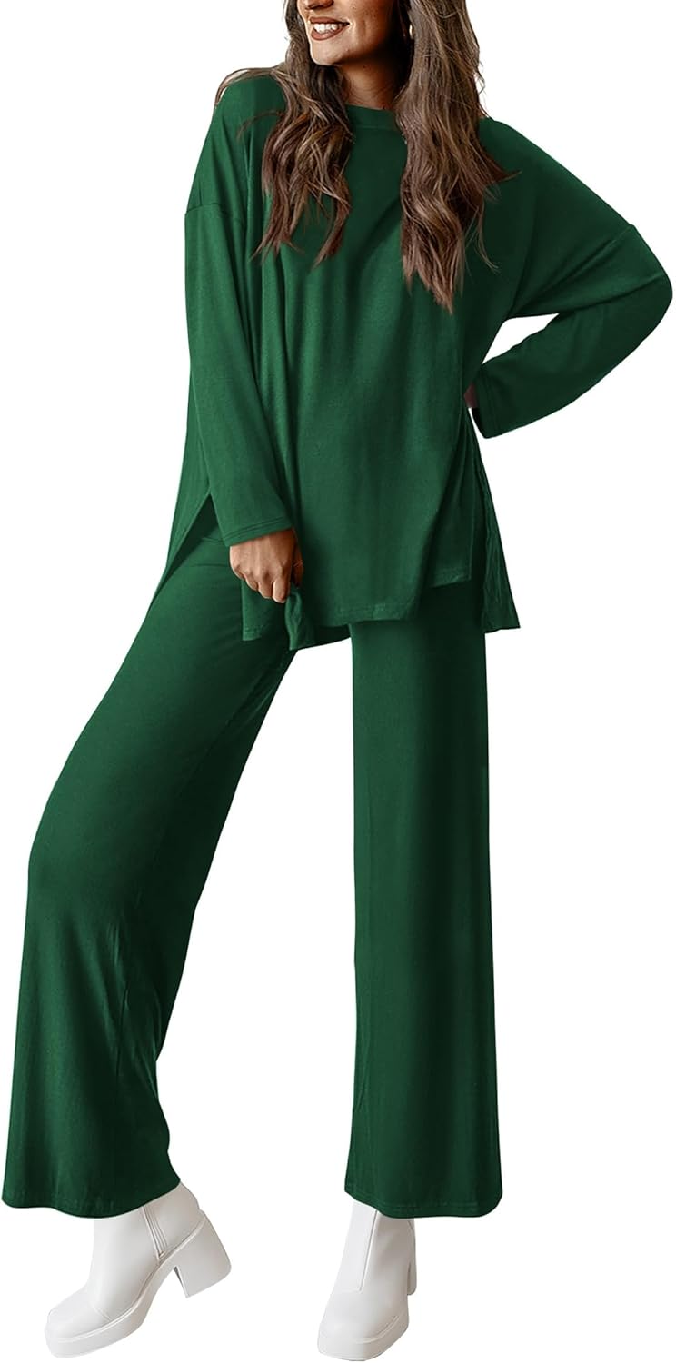 Women's Matching Long Sleeve Shirts Wide Leg Pants Two Piece Lounge Sets 