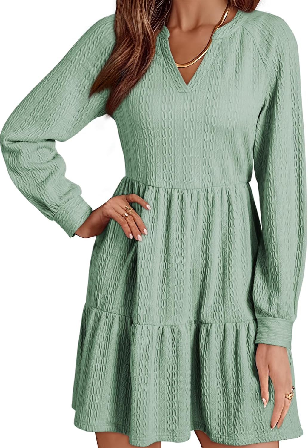 Womens Long Sleeve V Neck Textured  Tiered Ruffle  Mini Babydoll Dress