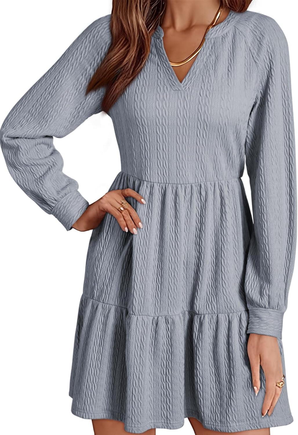 Womens Long Sleeve V Neck Textured  Tiered Ruffle  Mini Babydoll Dress