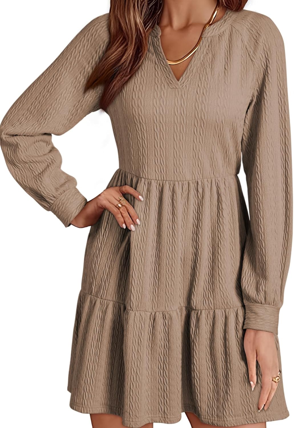 Womens Long Sleeve V Neck Textured  Tiered Ruffle  Mini Babydoll Dress