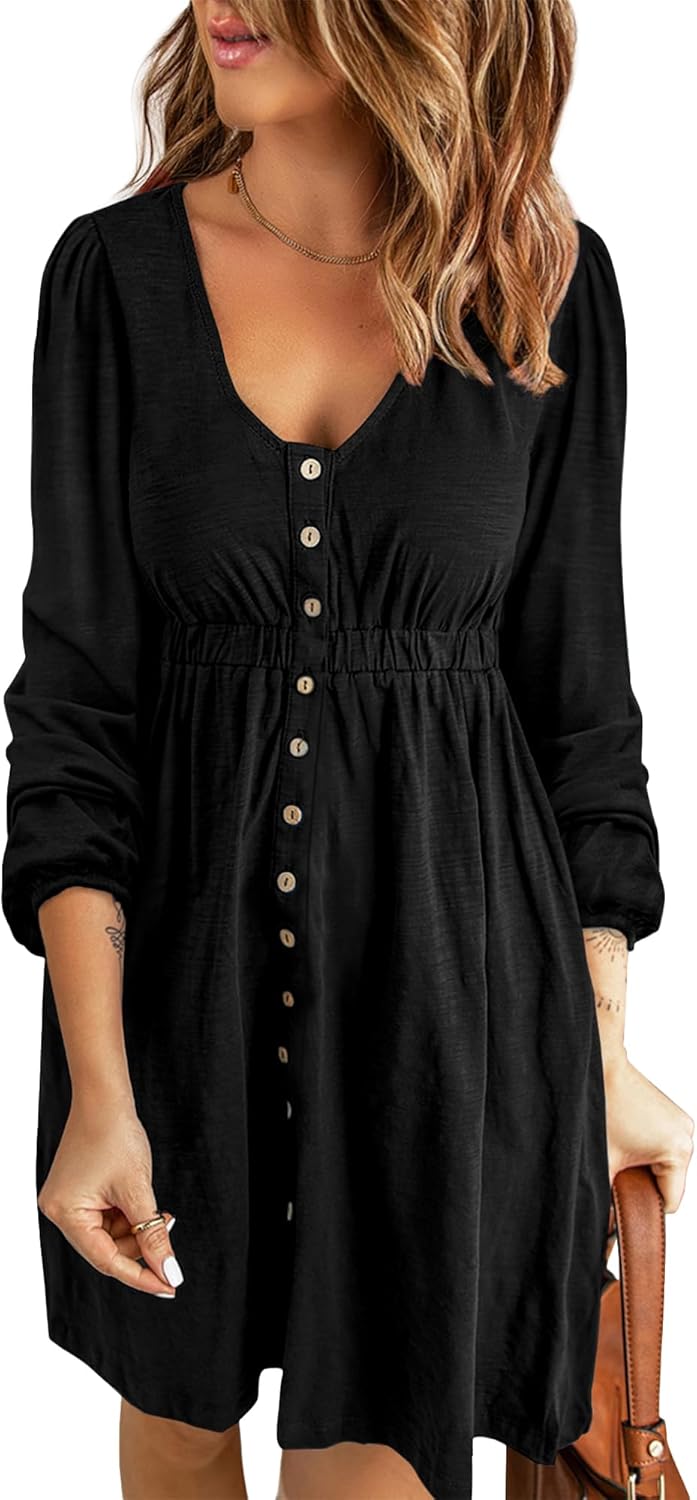 Women  Button DownDresses Long Sleeve Crew Neck Solid  Dress