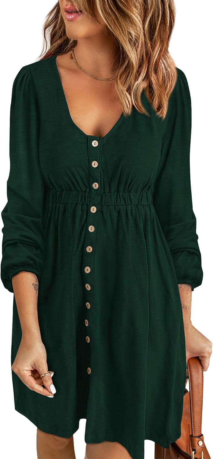 Women  Button DownDresses Long Sleeve Crew Neck Solid  Dress