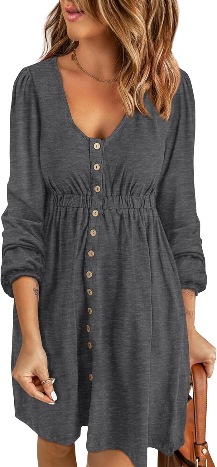 Women  Button DownDresses Long Sleeve Crew Neck Solid  Dress