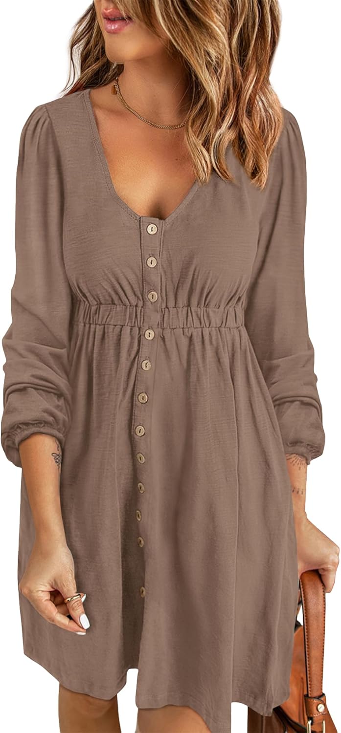 Women  Button DownDresses Long Sleeve Crew Neck Solid  Dress