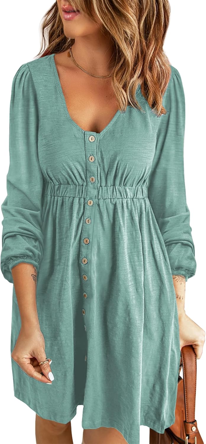 Women  Button DownDresses Long Sleeve Crew Neck Solid  Dress
