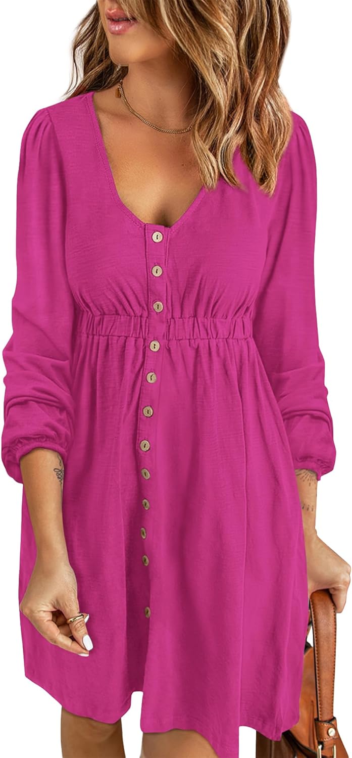 Women  Button DownDresses Long Sleeve Crew Neck Solid  Dress