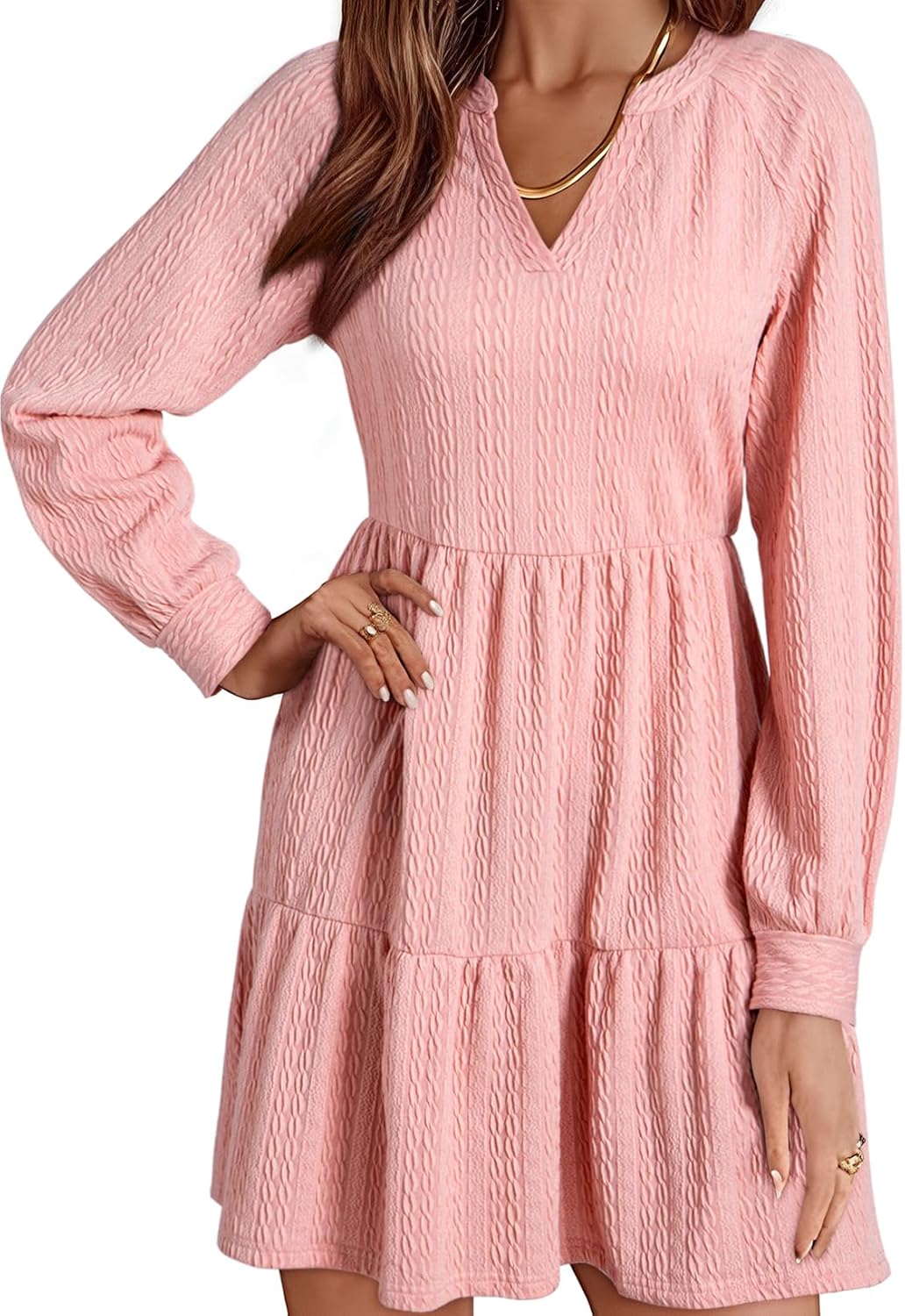 Womens Long Sleeve V Neck Textured  Tiered Ruffle  Mini Babydoll Dress