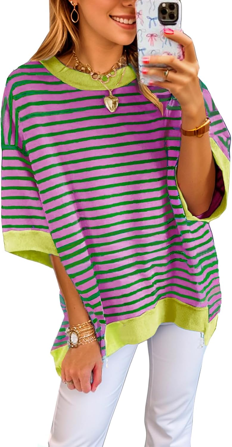 Womens Oversized Striped Color Block Casual Half Sleeve Tops