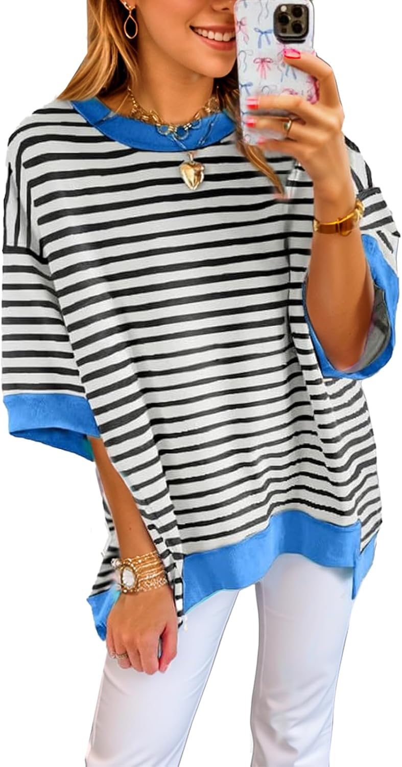 Womens Oversized Striped Color Block Casual Half Sleeve Tops