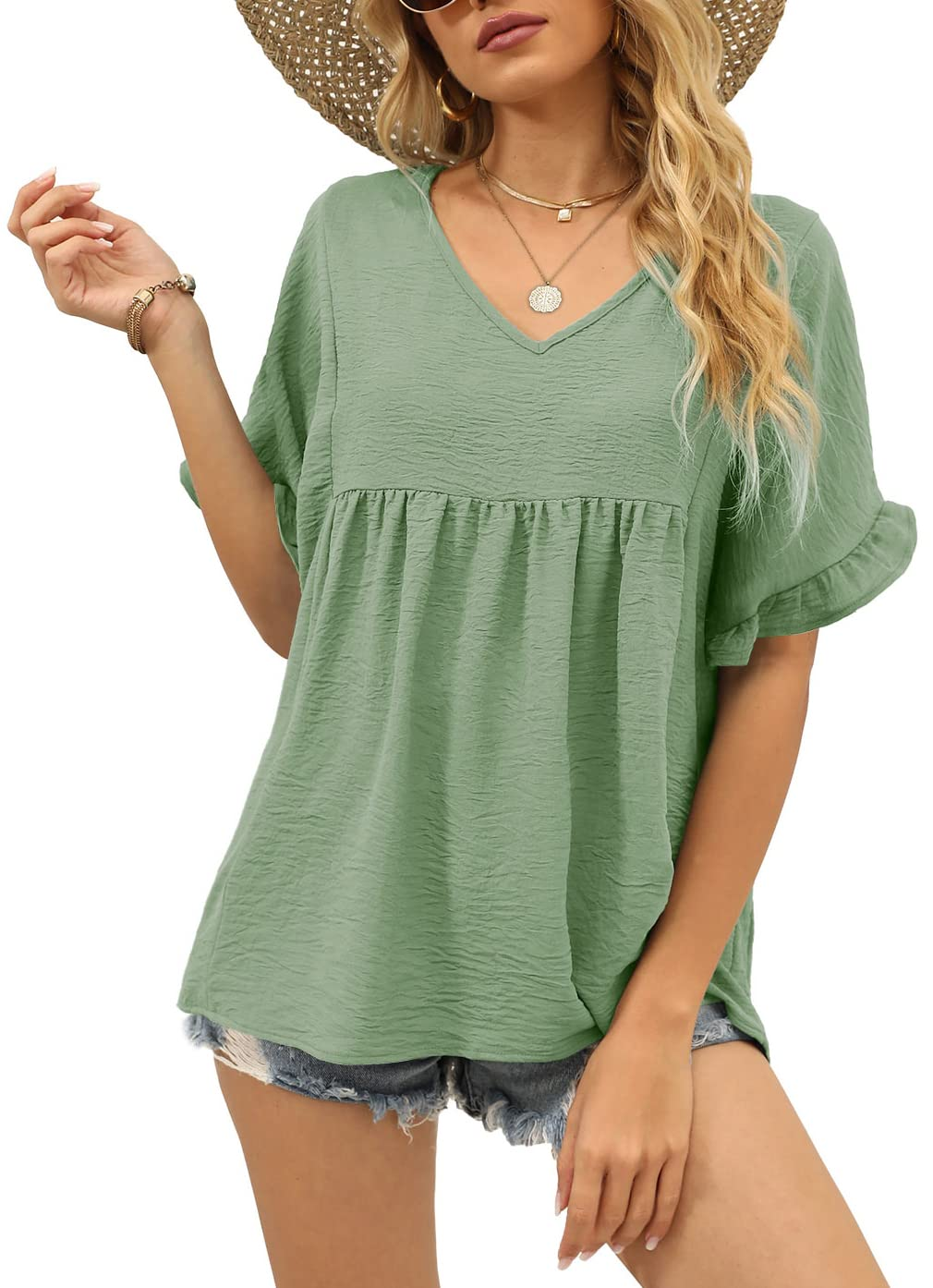 Womens Tops Casual V Neck Ruffle Sleeve T Shirts Babydoll Loose Fit Peplum Tops
