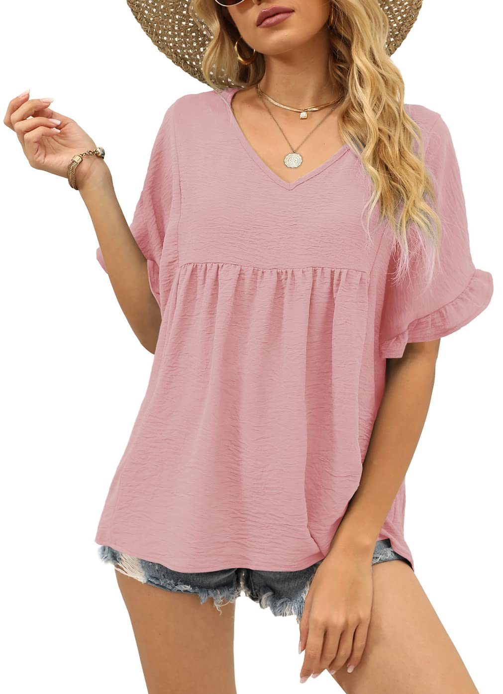 Womens Tops Casual V Neck Ruffle Sleeve T Shirts Babydoll Loose Fit Peplum Tops