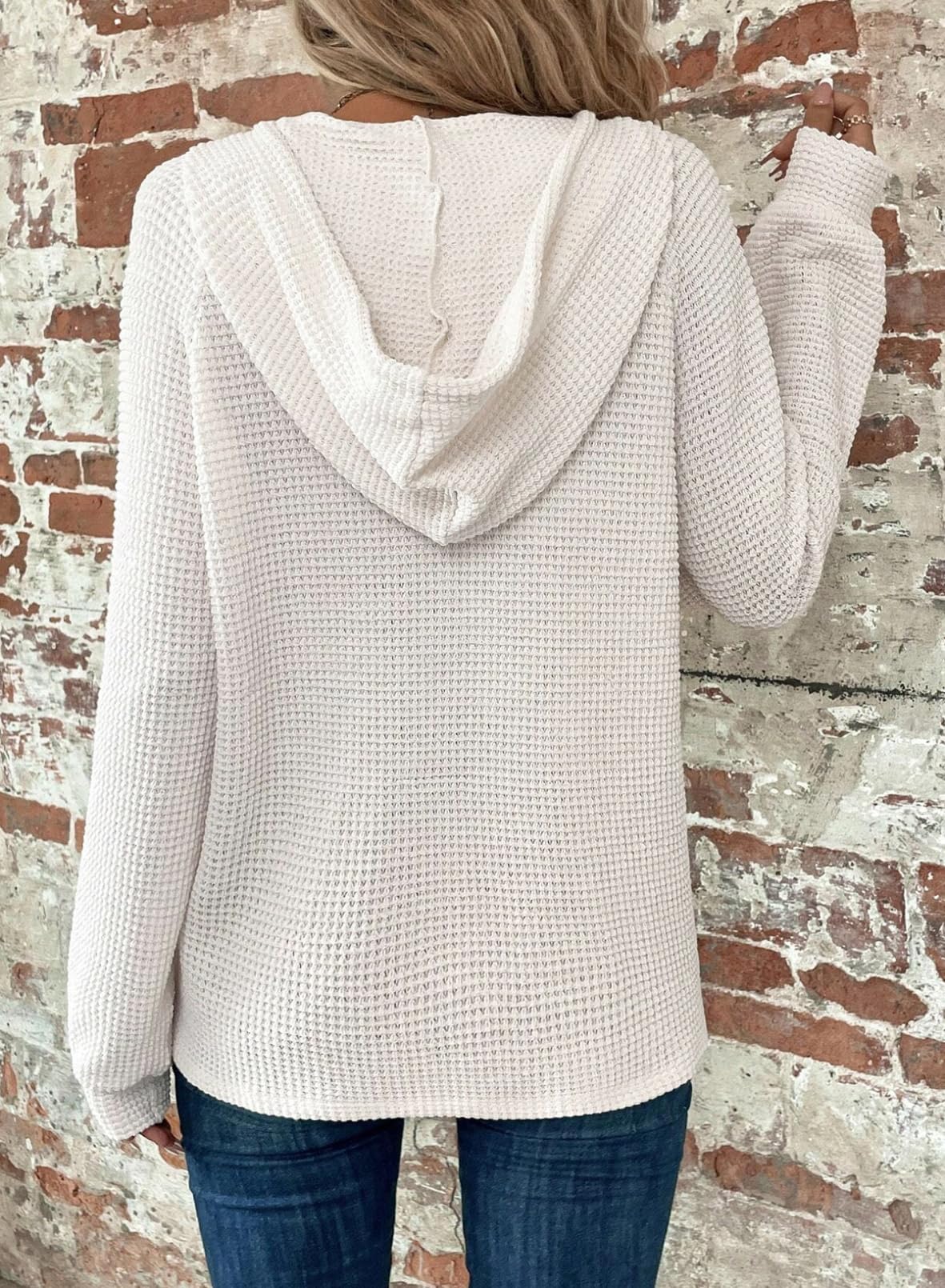 2024 New Women's Waffle Knit Drawstring Button V Neck Hooded Sweatshirt(buy 2 free shipping)