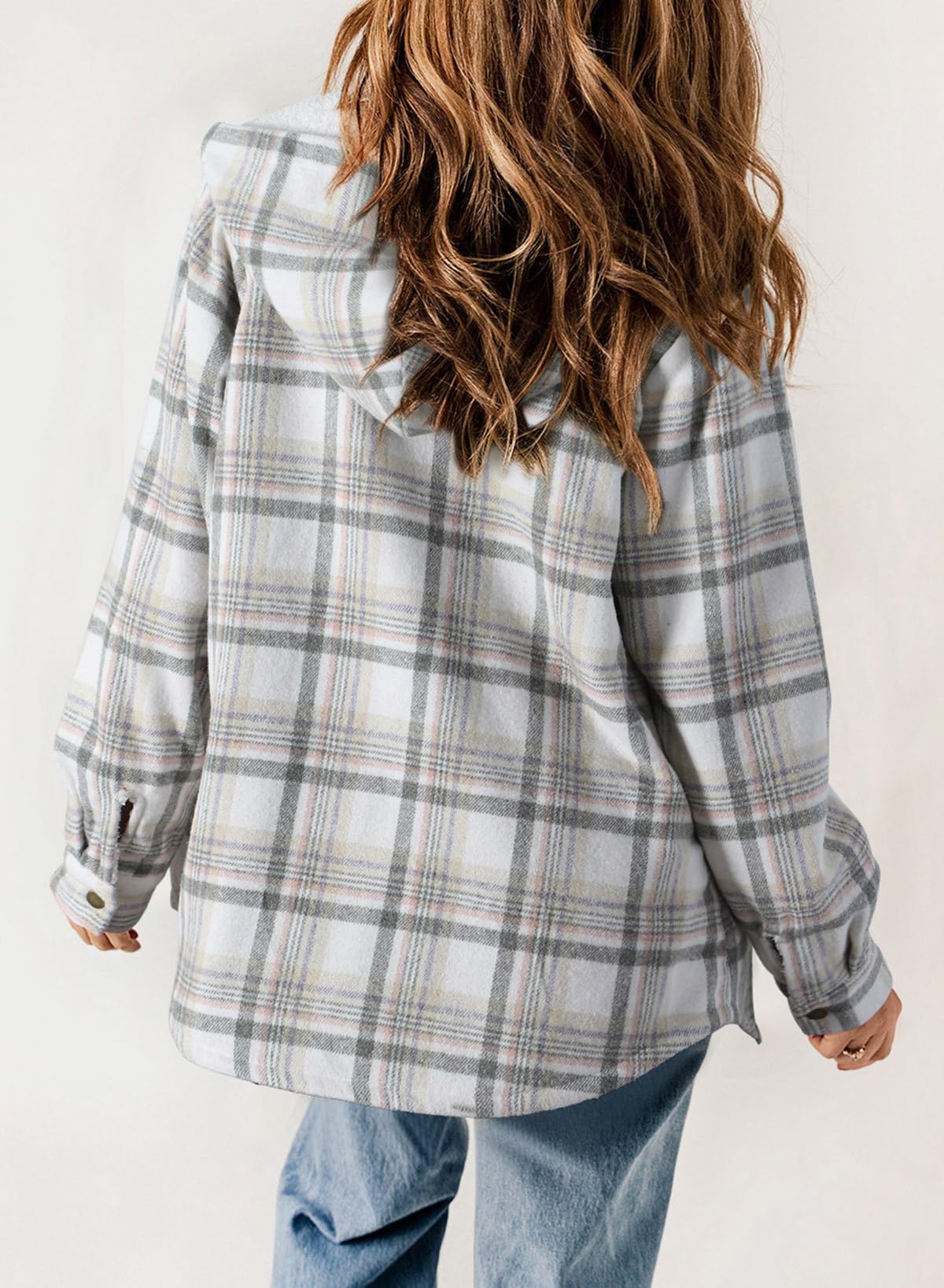 Women's Plaid Long Sleeve Button Fleece Hooded Jacket