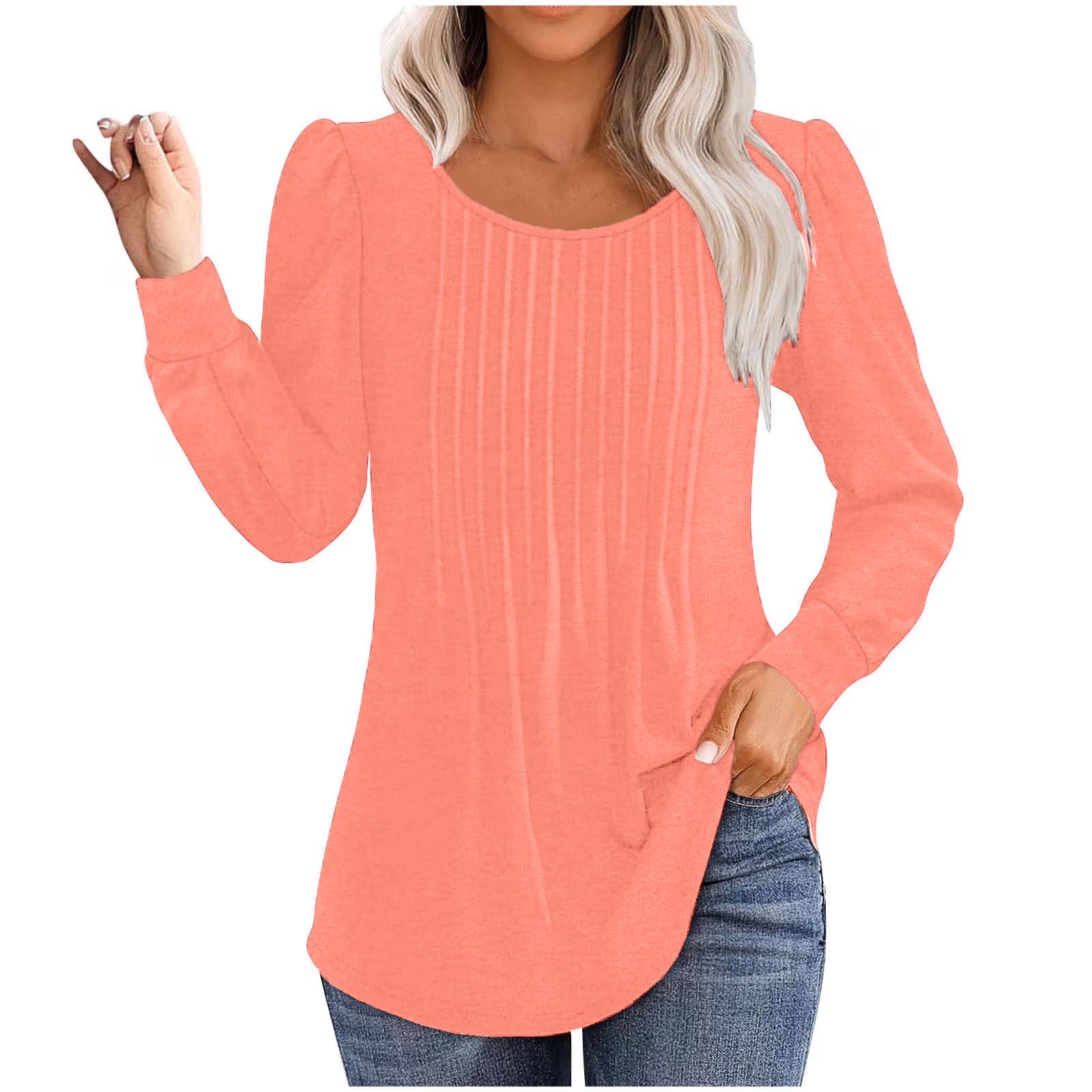 ✨Womens Dressy Long Sleeve Pleated Tops Casual Chic Crew Neck Blouses