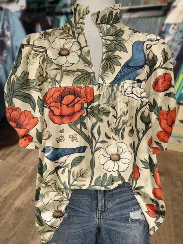 Spring Floral Print Puff Sleeve Blouse