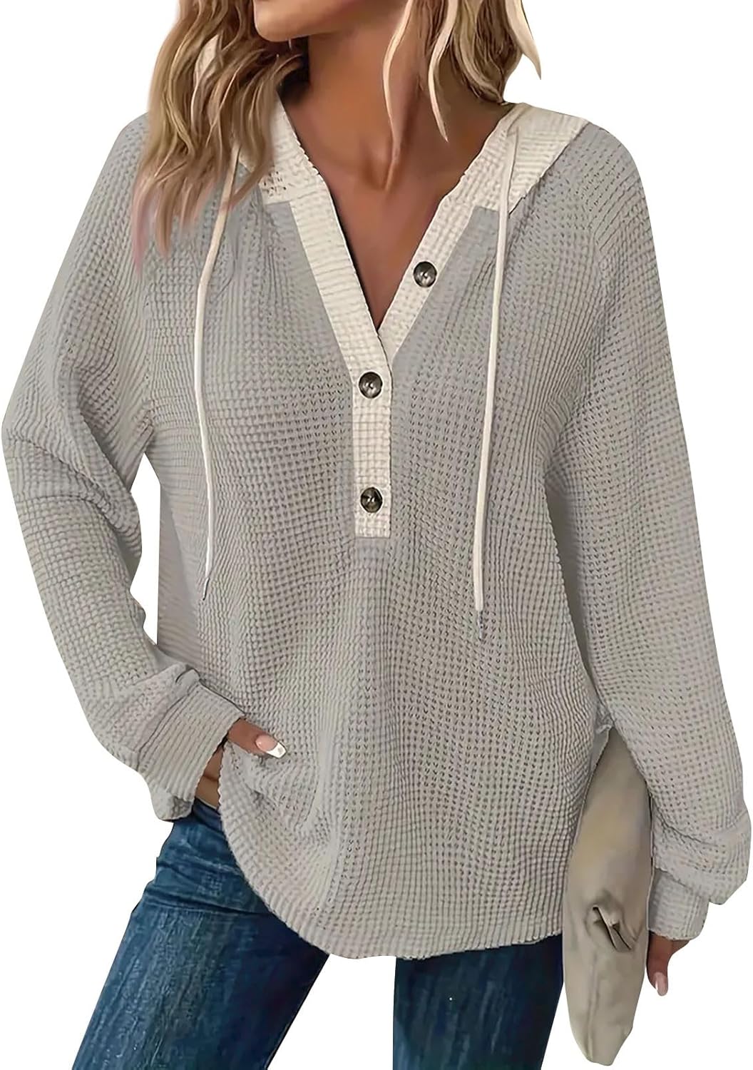 Women's Waffle Knit Drawstring Button Long Sleeve Hoodie