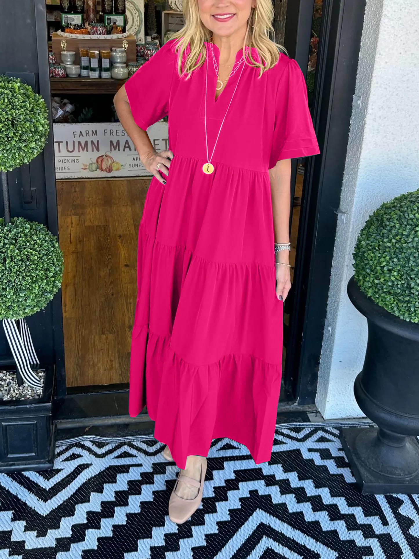 V-Neck Tiered Midi Dress with Pockets (Buy 2 Free Shipping)