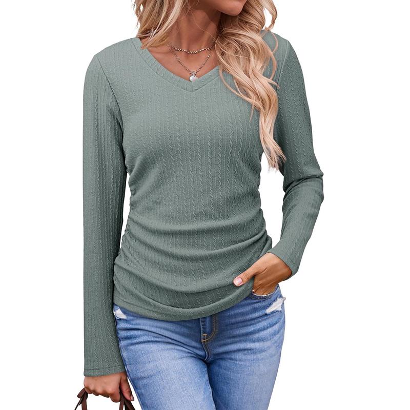 Womens  Solid Ruched Basic Tunics Casual V Neck Long Sleeve Shirts Tops